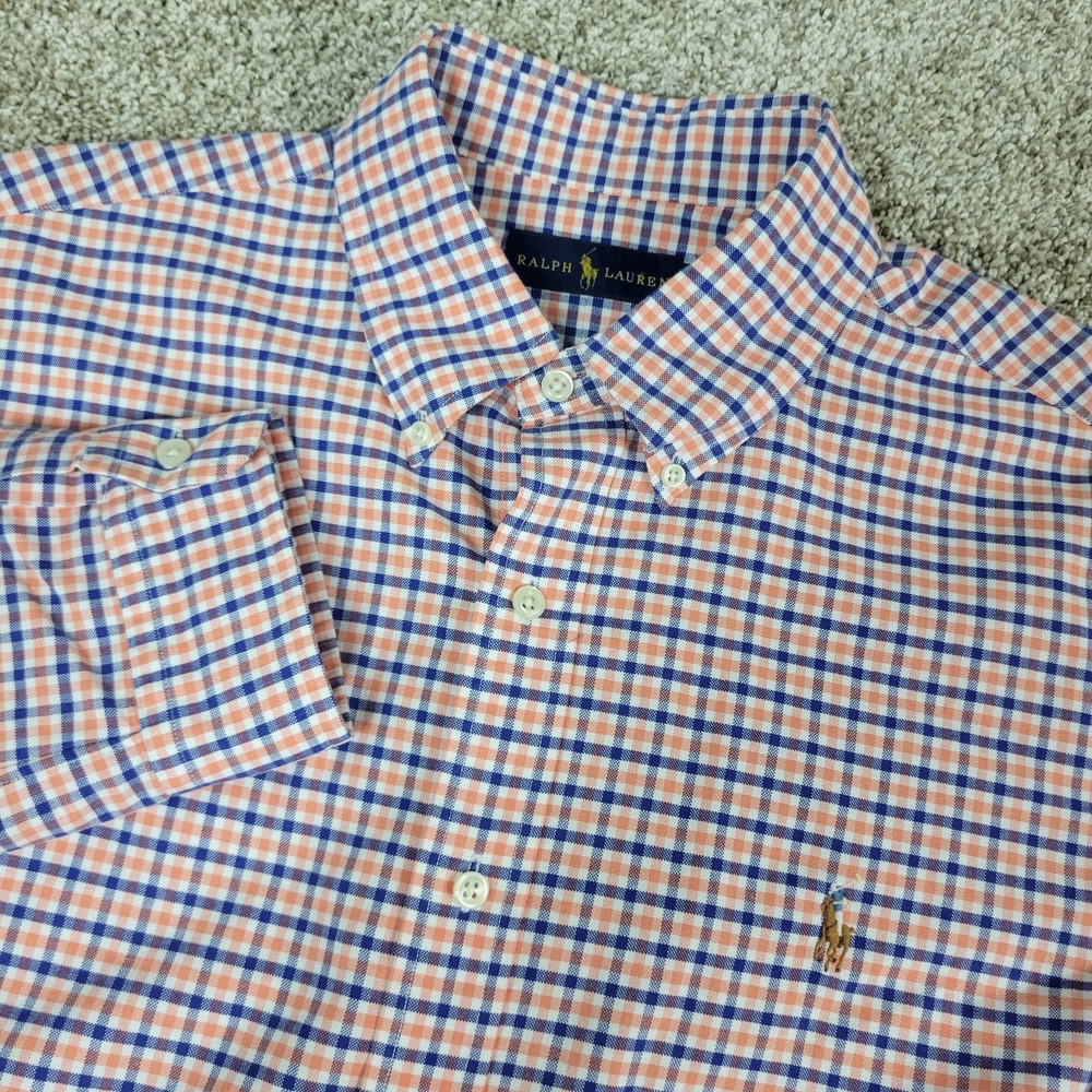 Ralph Lauren Mens Large Blue Orange Plaid Flesh Pony Button Down‎ Long Sleeve